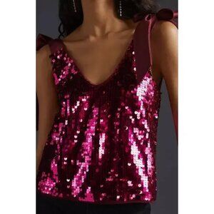 Anthropologie pink Maeve sequin tank top with bow straps, size medium.